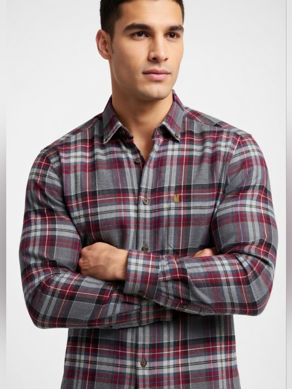 Izod Men's IZOD Gray and Burgundy Plaid Button-Down Shirt( SIZE:SMALL)
